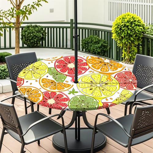 Surwin Outdoor Round Tablecloth with Parasol Umbrella Hole Zipper, Elastic Edge Fitted Protector Round Table Cloth Waterproof Table Cover for Garden BBQ Party -Fruit (Zitrone,M(91-112cm) von Surwin