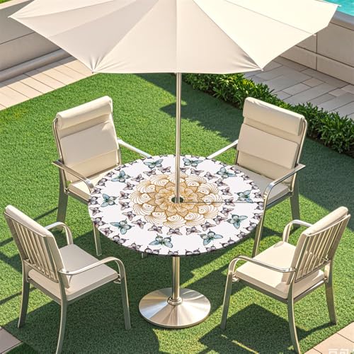 Surwin Runde Outdoor Tischdecke mit Schirmloch und Reißverschluss, Böhmen Wasserdicht Runde Tischabdeckung mit Elastischem Tischtuch für Picknick Terrasse Garten Party (Weiß,L(114-137cm) von Surwin