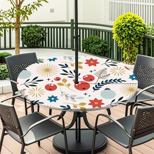 Surwin Runde Outdoor Tischdecke mit Schirmloch und Reißverschluss, Wasserdicht Geometrie Runde Tischabdeckung mit Elastischem Tischtuch Picknick Terrasse Garten Party (Weihnachten,S(79-89cm) von Surwin
