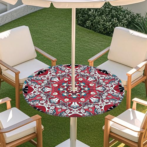 Surwin Runde Outdoor Tischdecke mit Schirmloch und Reißverschluss, Wasserdicht Runde Tischabdeckung mit Elastischem Böhmen Tischtuch für Picknick Terrasse Garten Party (Rot,M(91-112cm) von Surwin