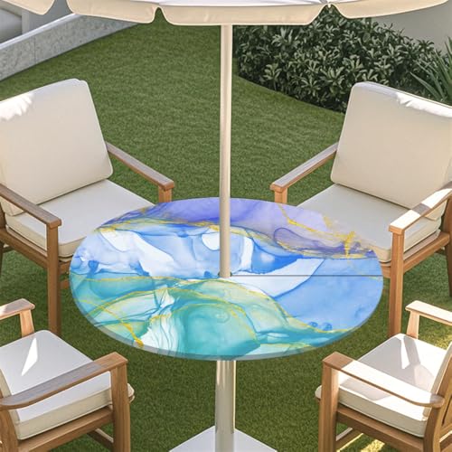 Surwin Runde Outdoor Tischdecke mit Schirmloch und Reißverschluss, Wasserdicht Runde Tischabdeckung mit Elastischem Marmor Tischtuch für Picknick Terrasse Garten Party (Aquarell,S(79-89cm) von Surwin