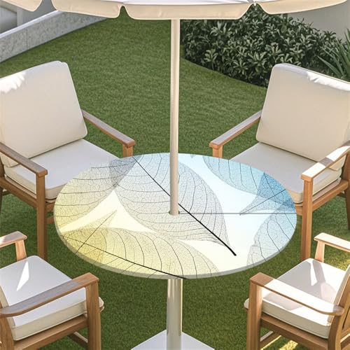 Surwin Runde Outdoor Tischdecke mit Schirmloch und Reißverschluss, Wasserdicht Runde Tischabdeckung mit Elastischem Tischtuch für Picknick Terrasse Garten -Bunte Blätter (Blau,M(91-112cm) von Surwin