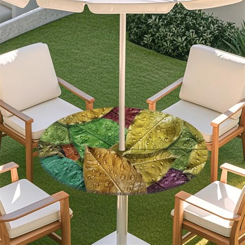 Surwin Runde Outdoor Tischdecke mit Schirmloch und Reißverschluss, Wasserdicht Runde Tischabdeckung mit Elastischem Tischtuch für Picknick Terrasse Garten -Bunte Blätter (Bunt,L(114-137cm) von Surwin