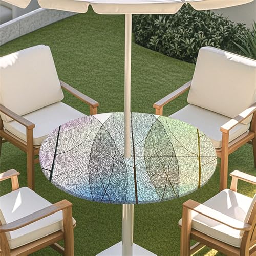 Surwin Runde Outdoor Tischdecke mit Schirmloch und Reißverschluss, Wasserdicht Runde Tischabdeckung mit Elastischem Tischtuch für Picknick Terrasse Garten -Bunte Blätter (Künstlerisch,L(114-137cm) von Surwin