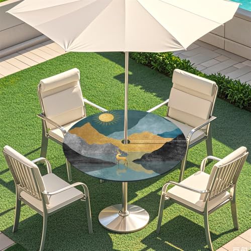 Surwin Runde Outdoor Tischdecke mit Schirmloch und Reißverschluss, Wasserdicht Runde Tischabdeckung mit Elastischem Tischtuch für Picknick Terrasse Garten Party -Malerei (Blau,S(79-89cm) von Surwin