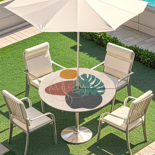 Surwin Runde Outdoor Tischdecke mit Schirmloch und Reißverschluss, Wasserdicht Runde Tischabdeckung mit Elastischem Tischtuch für Picknick Terrasse Garten Party -Malerei (Monstera,L(114-137cm) von Surwin
