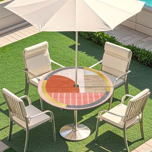 Surwin Runde Outdoor Tischdecke mit Schirmloch und Reißverschluss, Wasserdicht Runde Tischabdeckung mit Elastischem Tischtuch für Picknick Terrasse Garten Party -Malerei (Rot,S(79-89cm) von Surwin