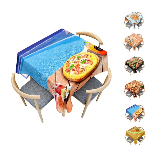 Surwin Tischdecke Abwaschbar Quadratisch, 3D Pizza Outdoor Tischdecke, Lotuseffekt, Abwaschbare Tischtuch, Gartentischdecke, für Esszimmer/Party/Geburtstag (Apfelpizza,90x90cm) von Surwin