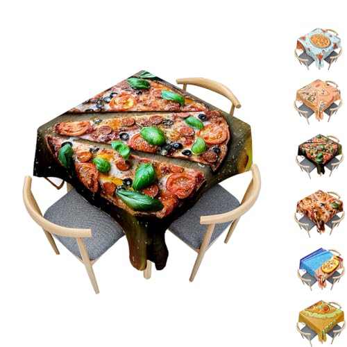 Surwin Tischdecke Abwaschbar Quadratisch, 3D Pizza Outdoor Tischdecke, Lotuseffekt, Abwaschbare Tischtuch, Gartentischdecke, für Esszimmer/Party/Geburtstag (Grüne Blattpizza,100x100cm) von Surwin