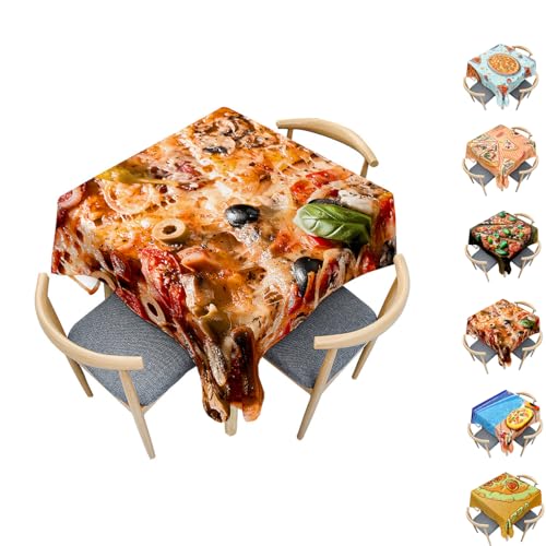 Surwin Tischdecke Abwaschbar Quadratisch, 3D Pizza Outdoor Tischdecke, Lotuseffekt, Abwaschbare Tischtuch, Gartentischdecke, für Esszimmer/Party/Geburtstag (Pilzpizza,100x100cm) von Surwin