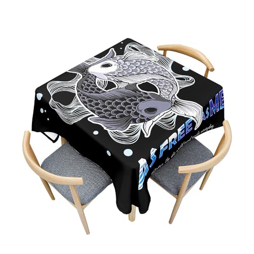 Surwin Tischdecke Abwaschbar Quadratisch, 3D Tier Outdoor Tischdecke, Abwaschbare Tischtuch, Gartentischdecke, für Esszimmer/Party/Geburtstag (Tai Chi Fisch und Fisch,120x120cm) von Surwin