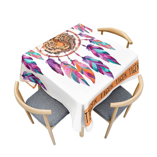 Surwin Tischdecke Abwaschbar Quadratisch, 3D Tiger Outdoor Tischdecke, Lotuseffekt, Abwaschbare Tischtuch, Gartentischdecke, für Esszimmer/Party/Geburtstag (Tiger und Feder,150x150cm) von Surwin