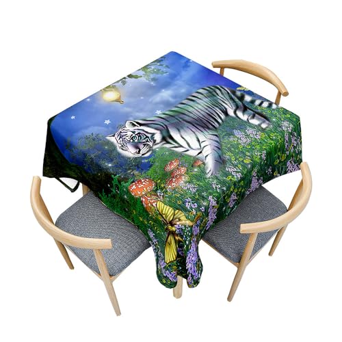 Surwin Tischdecke Abwaschbar Quadratisch, 3D Tiger Outdoor Tischdecke, Lotuseffekt, Abwaschbare Tischtuch, Gartentischdecke, für Esszimmer/Party/Geburtstag (Tiger und Pilze,200x200cm) von Surwin