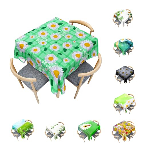 Surwin Tischdecke Abwaschbar Quadratisch, Modern Gänseblümchen Gedruckte Tischdecke Quadratisch, für Wohnzimmer, Esszimmer, Balkon, Garten, Party, Hochzeiten (Grüne Blätter,100x100cm) von Surwin