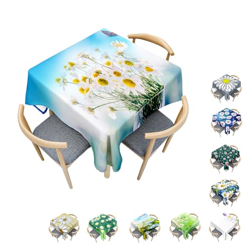 Surwin Tischdecke Abwaschbar Quadratisch, Modern Gänseblümchen Gedruckte Tischtuch, Gartentischdecke, für Wohnzimmer, Esszimmer, Balkon, Party, Geburtstag (Blumen und Schmetterlinge,90x90cm) von Surwin