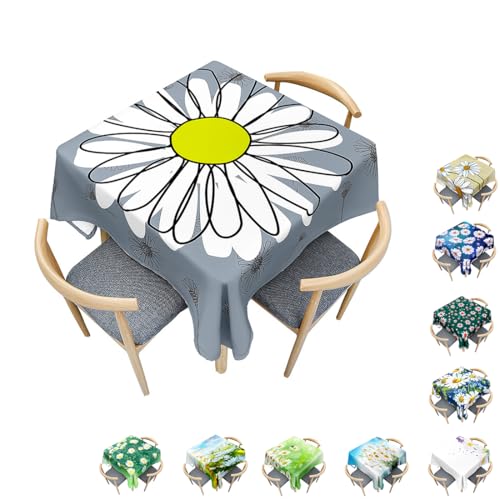 Surwin Tischdecke Abwaschbar Quadratisch, Modern Gänseblümchen Gedruckte Tischtuch, Gartentischdecke, für Wohnzimmer, Esszimmer, Balkon, Party, Geburtstag (Grau und weiß,100x100cm) von Surwin