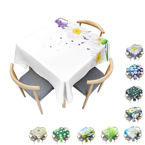 Surwin Tischdecke Abwaschbar Quadratisch, Modern Gänseblümchen Gedruckte Tischtuch, Gartentischdecke, für Wohnzimmer, Esszimmer, Balkon, Party, Geburtstag (Perlenweiß,120x120cm) von Surwin