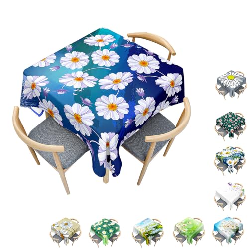 Surwin Tischdecke Abwaschbar Quadratisch, Modern Gänseblümchen Gedruckte Tischtuch, Gartentischdecke, für Wohnzimmer, Esszimmer, Balkon, Party, Geburtstag (Weiße Blumen,150x150cm) von Surwin