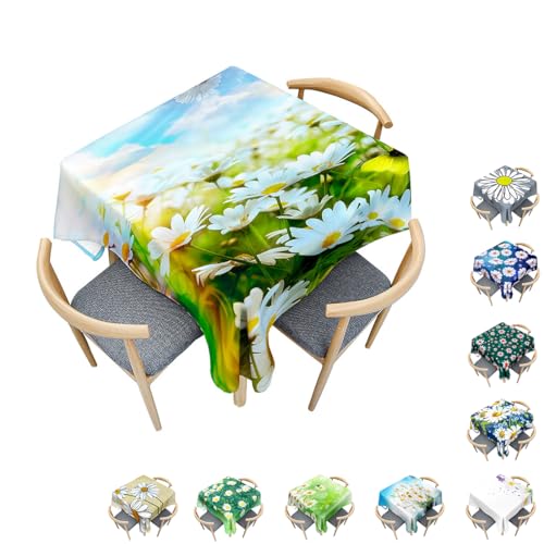 Surwin Tischdecke Abwaschbar Quadratisch, Modern Gänseblümchen Gedruckte Tischtuch, Gartentischdecke, für Wohnzimmer, Esszimmer, Balkon, Party, Geburtstag (Weiße Wolken und Blumen,100x100cm) von Surwin