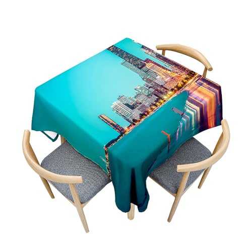 Surwin Tischdecke Abwaschbar Quadratisch, Modern Stadtlandschaft Gedruckte Tischtuch, Gartentischdecke, für Wohnzimmer, Esszimmer, Balkon, Party, Geburtstag (Cyan 1,200x200cm) von Surwin