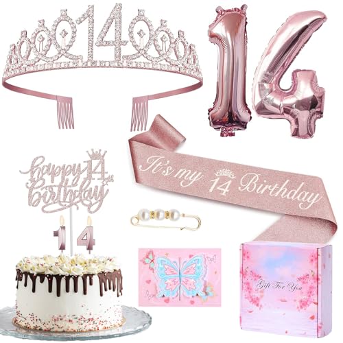 14 Geburtstag Mädchen Deko, 14. Geburtstagskrone und Schärpe, Tortendeko Geburtstag und Kerzen, Roségold Folienballon 14, 14. Geschenk für Mädchen zum Geburtstag Party Deko Supplies 14 Geburtstag Mädchen Deko, 14. Geburtstagskrone und Schärpe, Tortendeko Geburtstag und Kerzen, Roségold Folienballon 14, 14. Geschenk für Mädchen zum Geburtstag Party Deko Supplies von Susan's Choice