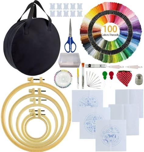 SusggO 207-teiliges Stickerei-Set für Anfänger, mit Videotutorial, Stickerei-Set für Kleidung, 5 Rahmen, bestickte Ringe, Baumwollstoffe, 100 Fäden, 35 Nadeln, Zubehör, Tasche, bestickt, Kreuzstich von SusggO