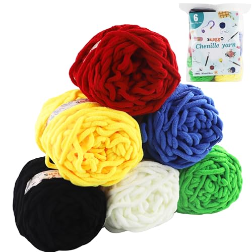 SusggO Chenilla Häkelgarn, 6 Knäuel, dicke Wolle, 100 g, 50 m, Wolle Amigurumi, Häkelgarn, Wolle, zum Stricken, Handstricken, Chenille-Knäuel (weiß, schwarz, rot, grün, gelb, blau.) von SusggO