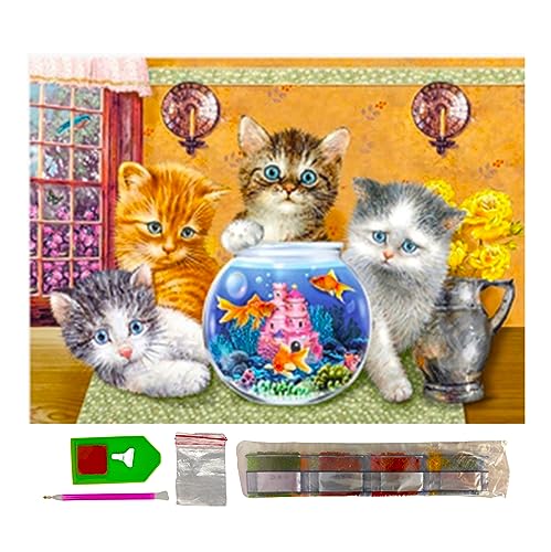 SusggO Diamond Painting, Diamantmalerei-Set, 40 x 30 cm, komplettes Set, Zubehör, DiY 5D, Kreuzstich, Stickerei, Basteln, Heimdekoration, Katze, Fisch von SusggO