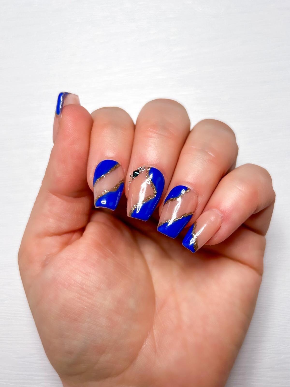 Press On Nails Set - Blaues Design Goldnägel Blaue Nägel Handgefertigte von SussNails
