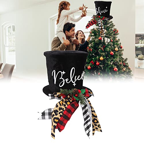 SustVita großer schwarzer Baum -Top -Hut, Weihnachtsbaumtopper mit rotem kariertem Bogen, elegante Dekorationen für festliche Feierlichkeiten und Heimstyling von SustVita