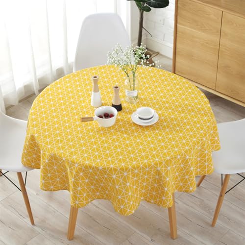 Tischdecke, rund, Durchmesser 150 cm, aus Leinen & Baumwolle, waschbar, schmutzabweisend, einfache Twill-Tischdecke im nordischen Stil, für Küche, Garten, Party, Esstisch (Schachbrett Gelb, 150 cm) von Sutowe