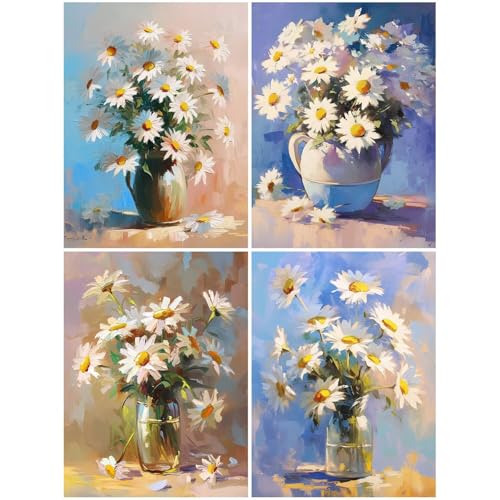 4er Diamond Painting Kinder Daisy 20x30 cm 5D Diamond Painting Set für Mädchen 8 DIY Mosaikherstellung Basteln Erwachsene Frauen, Blume Diamonds für Wohnzimmer, Schlafzimmer, Büro, Dekoration S53-Y von Suuiizaa