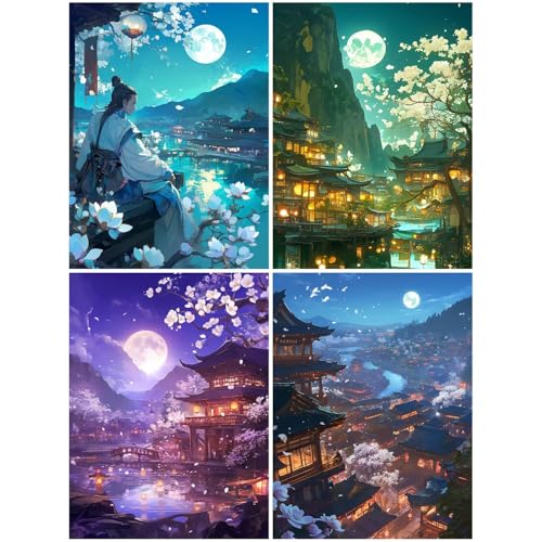 4er Diamond Painting Kinder Landschaft 20x30 cm 5D Diamond Painting Set für Mädchen Jungs 6 8 10 DIY Mosaikherstellung Basteln Erwachsene Frauen, Mond Diamonds für Wohnzimmer, Büro, Dekoration S61-Y von Suuiizaa