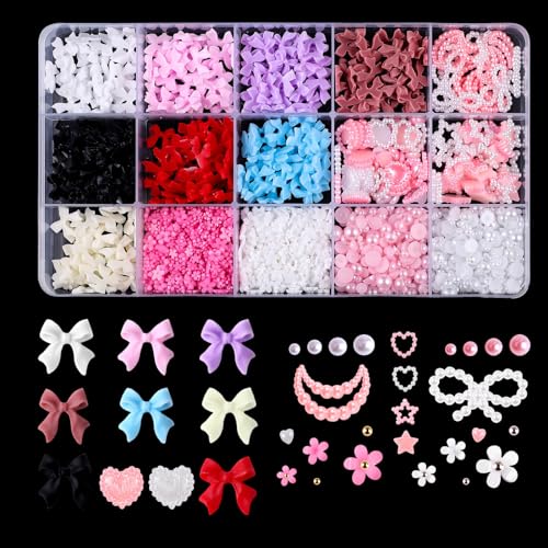 1000 Stück 3D Nageldekorations Sets, Rosa ＆ Weiß Schleifen Herz Schleifen Blumen Nagel Charms, Schleifenknoten Nagelstecker Strasssteine für Manicure DIY Crafts Jewelry Accessories von Suxgumoe