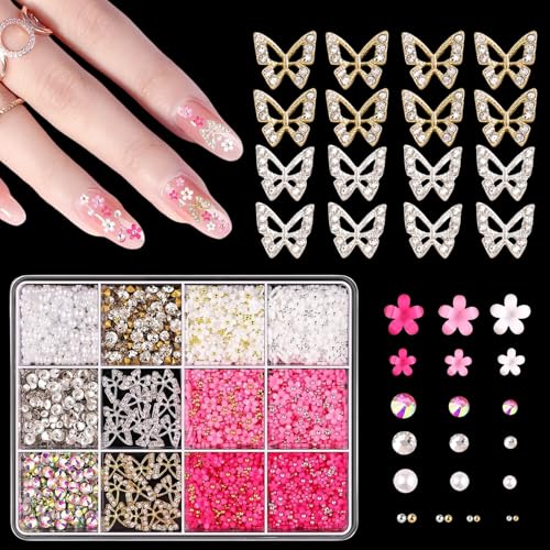 3D Nageldekorations Sets, Blumen Nagel Charms mit Gold Silber Caviar Beads und Perlen, Schmetterling Nagelstecker Strasssteine für Manicure DIY Crafts Jewelry Accessories (MIX-E) von Suxgumoe