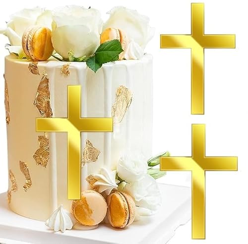 Kuchendeko Kreuz, 6 Stück Acryl Kreuz Tortenaufsatz, Gold Acryl Torte Cake Topper Deko, Spiegel Taufe Kuchen Dekoration Set für Hochzeit Geburtstag Party Taufen Duschen Kommunionfeiern von Suxgumoe