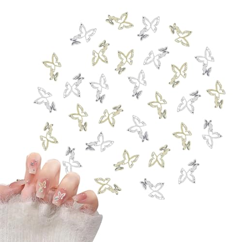 Nägel Dekorations, 40 Stück Legierungs Schmetterling Nagelschmuck, 3D Gold Silber Nail Charms Nail Art Strasssteine für Nägel Deko von Suxgumoe