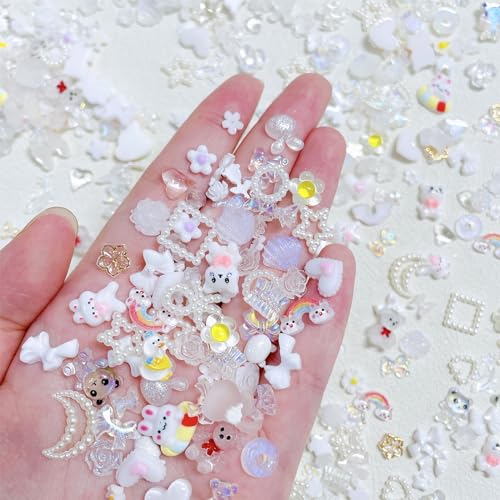 Nail Art Dekoration, 200 Stück Nägel Strasssteine 3D Nail Art Charms, Herz Bär Schmetterlings Schleife Nagel Schmuck für Mädchen Frauen DIY Nagel Dekor (Mix-E White) von Suxgumoe