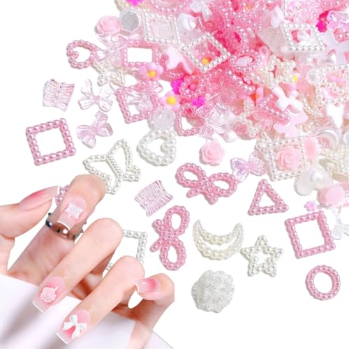 Nail Art Dekoration, 350 Stück Weiß Rosa Nägel Perlen 3D Nail Art Charms, Bär Schmetterlings Schleife Nagel Schmuck für Mädchen Frauen DIY Nagel Dekor (Mix-G) von Suxgumoe