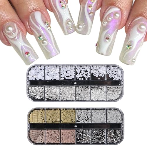 Nail Art Strasssteine, 2 Boxen Nail Charms Glitzersteine und Halbrunde Perlen, Klein Gold Silber Caviar Beads Flatback Rhinestones für DIY Nagel Deko von Suxgumoe