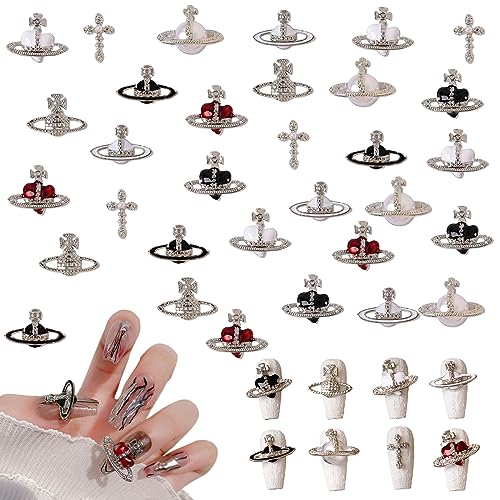 Planet Nail Art Charms, 32 Stück Saturn Form Nagel Edelsteine für Acrylnägel, Glänzender Nagel Strasssteines Mädchen Nail Art DIY Handwerk Dekoration Zubehör von Suxgumoe