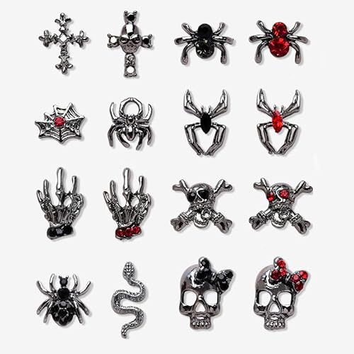 Schädel Nagel Kunst Charms, 32 Stück Metall Punk Nail Art Strass, Legierung Herz Schädel Spinne Hand Nagel Kunst Dekorationen für Halloween Party Versorgung Nägel DIY Dekoration (Dunkel) von Suxgumoe