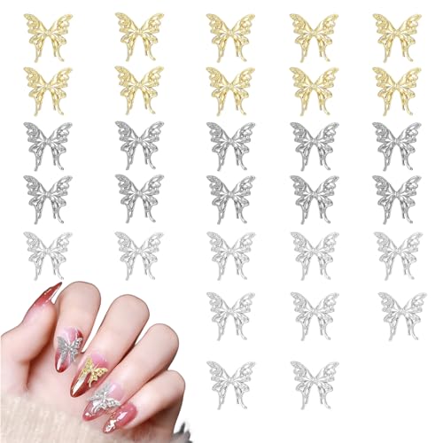 Schmetterling Nagel Charms, 30 Stück Legierung Schmetterlings Nagel Schmuck, Gold Silber Metall Nailart Anhänger für Damen Mädchen Nagel Edelsteine Schmuck Schmuckherstellung von Suxgumoe