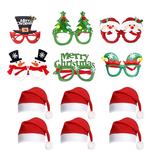 Suxgumoe Weihnachts-Foto-Requisiten: 6 x Weihnachtsbrillenrahmen und 6 x Weihnachtsmannmütze, niedliche Weihnachts-Party-Dekorationen für Weihnachtsgeschenke, Urlaubsgeschenke von Suxgumoe
