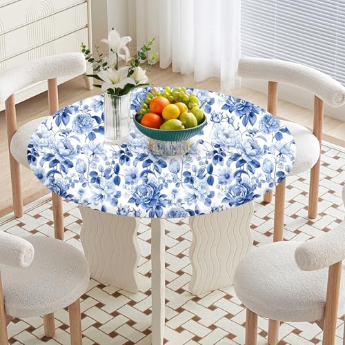 SuxiGlo Runde Tischdecke, wasserdicht, Polyester, elastisch, waschbar, Tischschutz für Picknick, Camping, drinnen und draußen, 91,4 cm - 111,8 cm von SuxiGlo