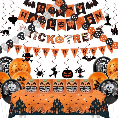 46 Stücke Halloween Party Deko Halloween Deko Set mit Banner Hängenden Dekoartikeln Streamern Servietten Tischdecken Ballons für Innen- und Gartendekoration Happy 46 Stücke Halloween Party Deko Halloween Deko Set mit Banner Hängenden Dekoartikeln Streamern Servietten Tischdecken Ballons für Innen- und Gartendekoration Happy von Suynauetev