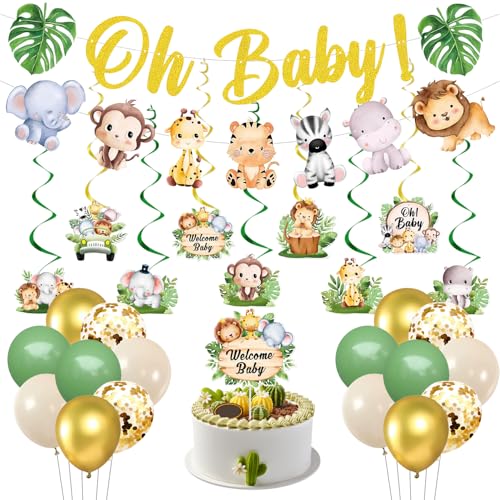 Oh Baby Girlande Waldtiere Deko Banner für Mädchen Junge Baby Shower Banner Gender Reveal Party Dschungeltiere Deckenhänger Hänger Wirbel luftballons grün Dschungel Babyshower Party Dekoration von Suynauetev