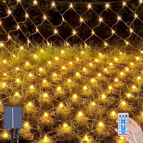 Solar-Netzlichter, 1,5 x 1,5 Meter Netz-Lichterkette, 96 LEDs für den Außenbereich, wasserdicht, mit 8 Beleuchtungsmodi, Fernbedienung, Weihnachtsbaum, Rasenzaun, Büsche, Wand (Warmweiß) von Suyoo