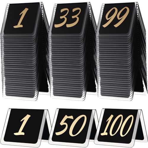 Suzile Set mit 100 Tischnummern 1-100 doppelseitig nummeriert Tischzelte Tischnummernschild 8,0 cm x 7 cm Acryl Zahlen Schilder für Restaurant Party Bankette Hochzeit Empfang (Schwarz und Gold) von Suzile