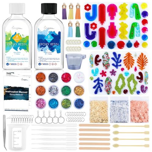 Epoxidharz Set 8oz (240 ml) mit Form Kristallklar, ungiftig Epoxy Resin für Holz, Schmuckherstellung, Hochglanz und UV-beständig Gießharz mit Goldfolien, Glitzer für Anfänger und DIY Harzkunstprojekte von Suzzam